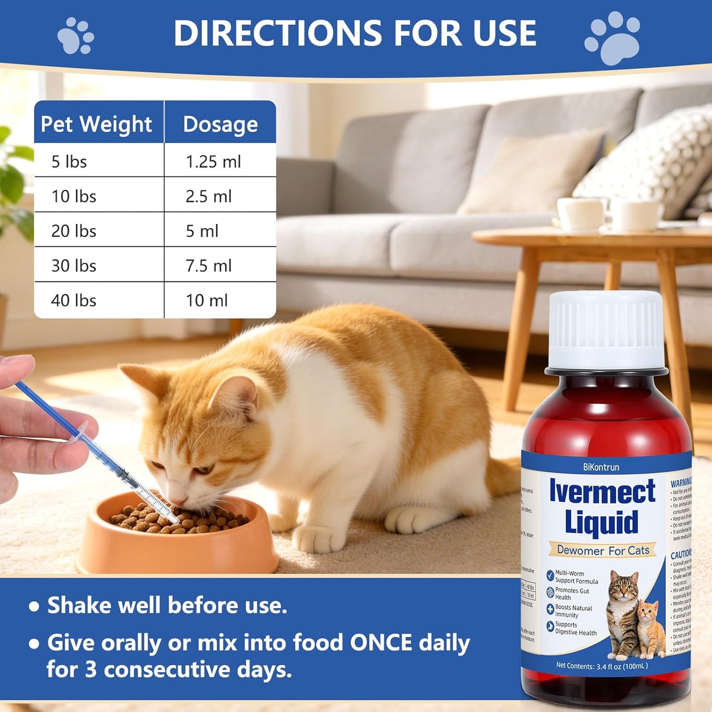 Close up shot of the secure dropper cap and clear liquid texture of the USA imported cat dewormer
