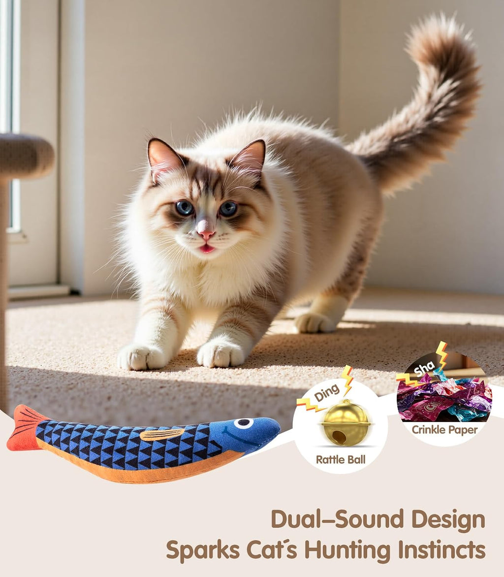 Indoor cat kicking and biting the PetBusy organic catnip fish plush
