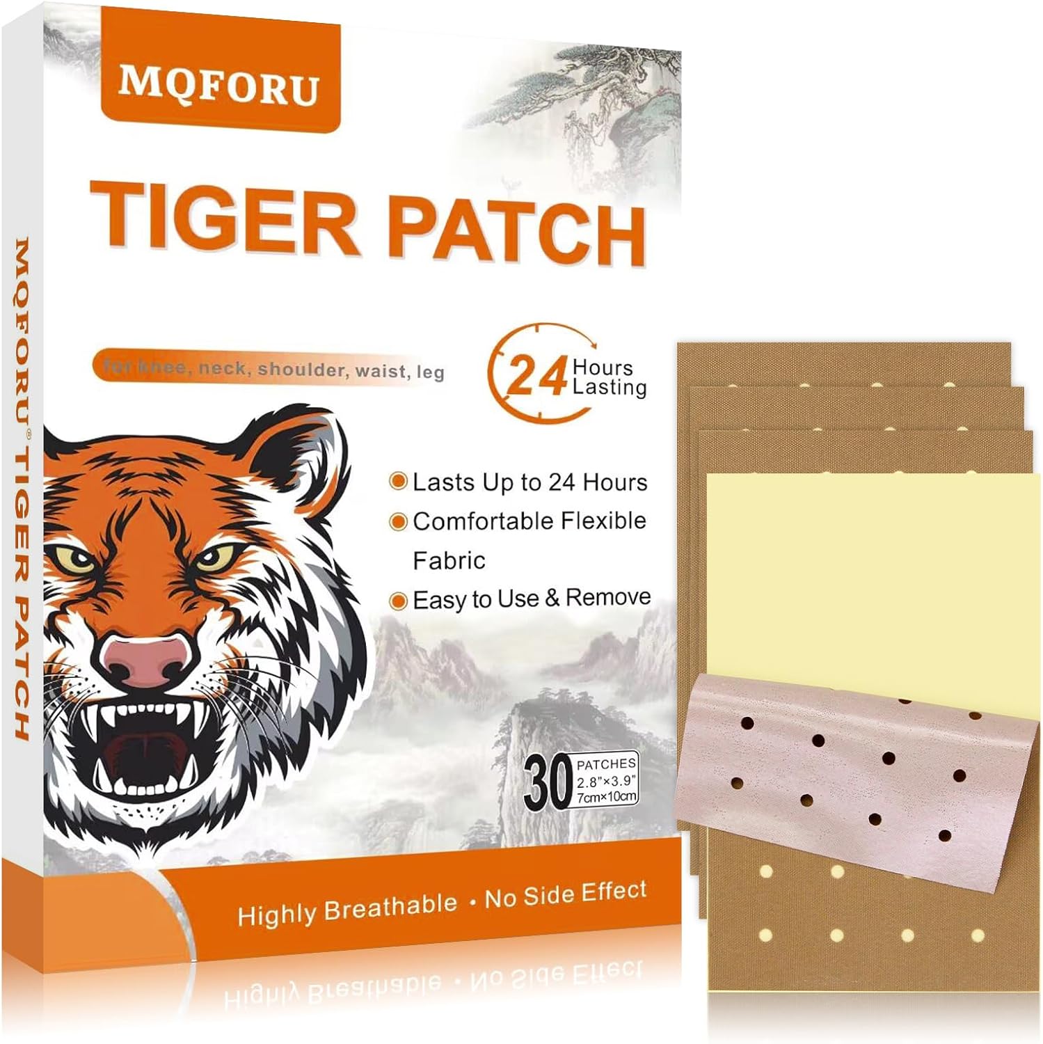 CLIUNT MQFORU Tiger Patches 30 pieces box front view showing natural herbal joint pain relief plaster packaging.