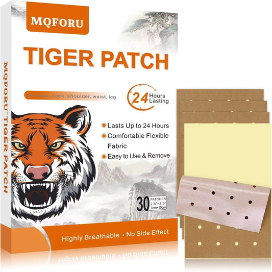 CLIUNT MQFORU Tiger Patches 30 pieces box front view showing natural herbal joint pain relief plaster packaging.