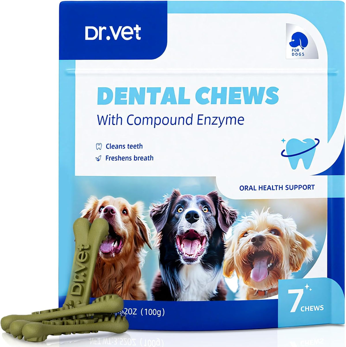 Dr. Vet Dog Dental Chews front view pouch packaging for plaque and tartar removal treats.