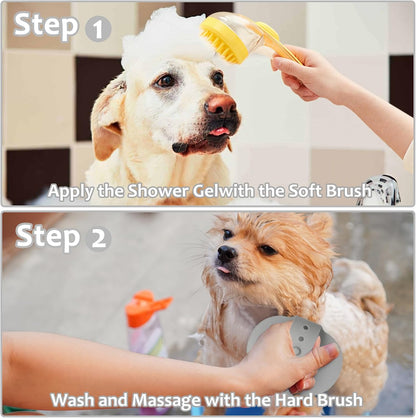 Soft silicone bristles on pet shampoo dispenser brush close up view