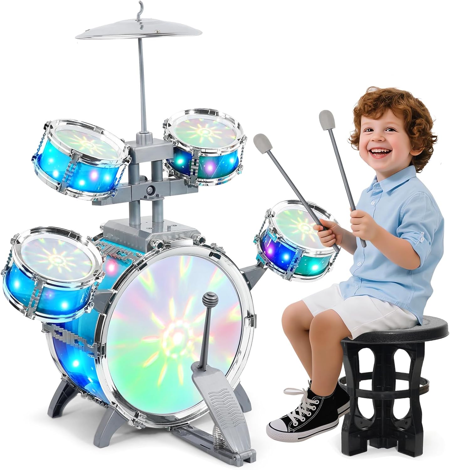 LeeQee kids jazz drum set front view featuring colorful aurora lights
