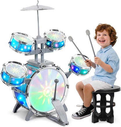 LeeQee kids jazz drum set front view featuring colorful aurora lights