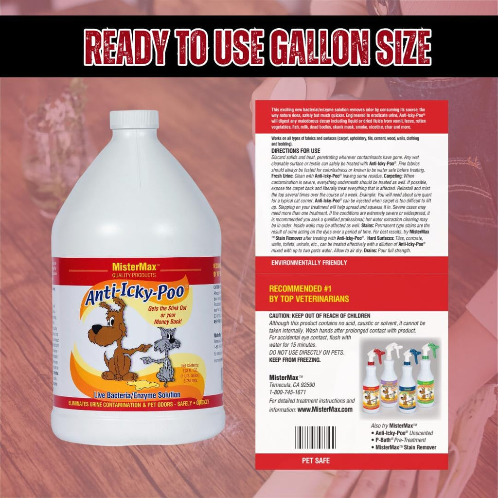 Mister Max pet odor remover liquid being applied to a carpet stain
