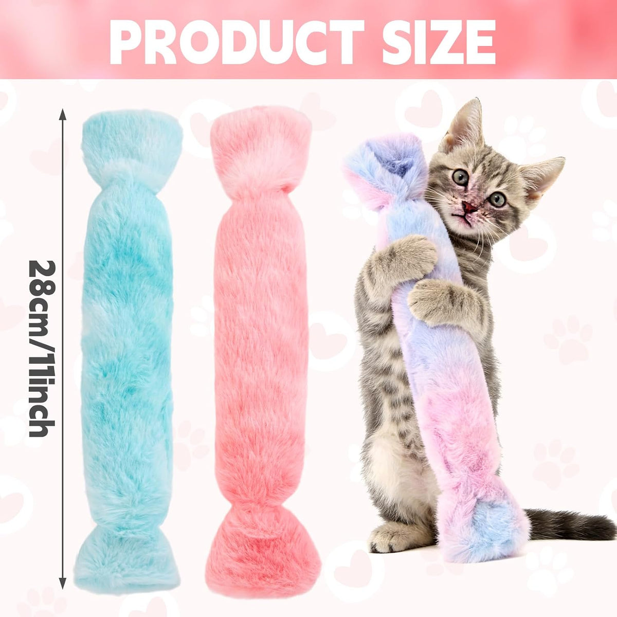 Three colorful candy shaped catnip toys for indoor cats