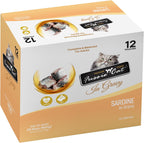 Twelve pack box packaging of USA imported Fussie Cat premium wet cat food pouches
