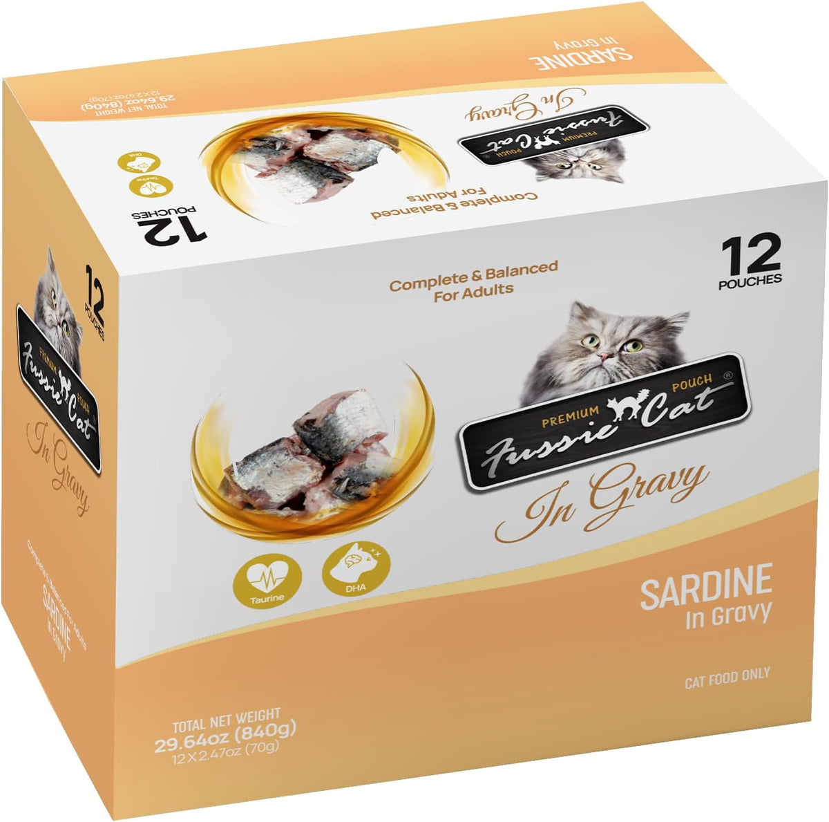 Twelve pack box packaging of USA imported Fussie Cat premium wet cat food pouches