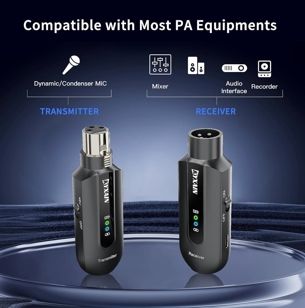 KYXAIN wireless microphone transmitter receiver package contents including dual charging cable