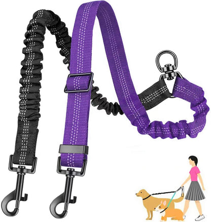 AKEISHE double dog leash for two dogs purple front view featuring dual shock absorbing bungee cords