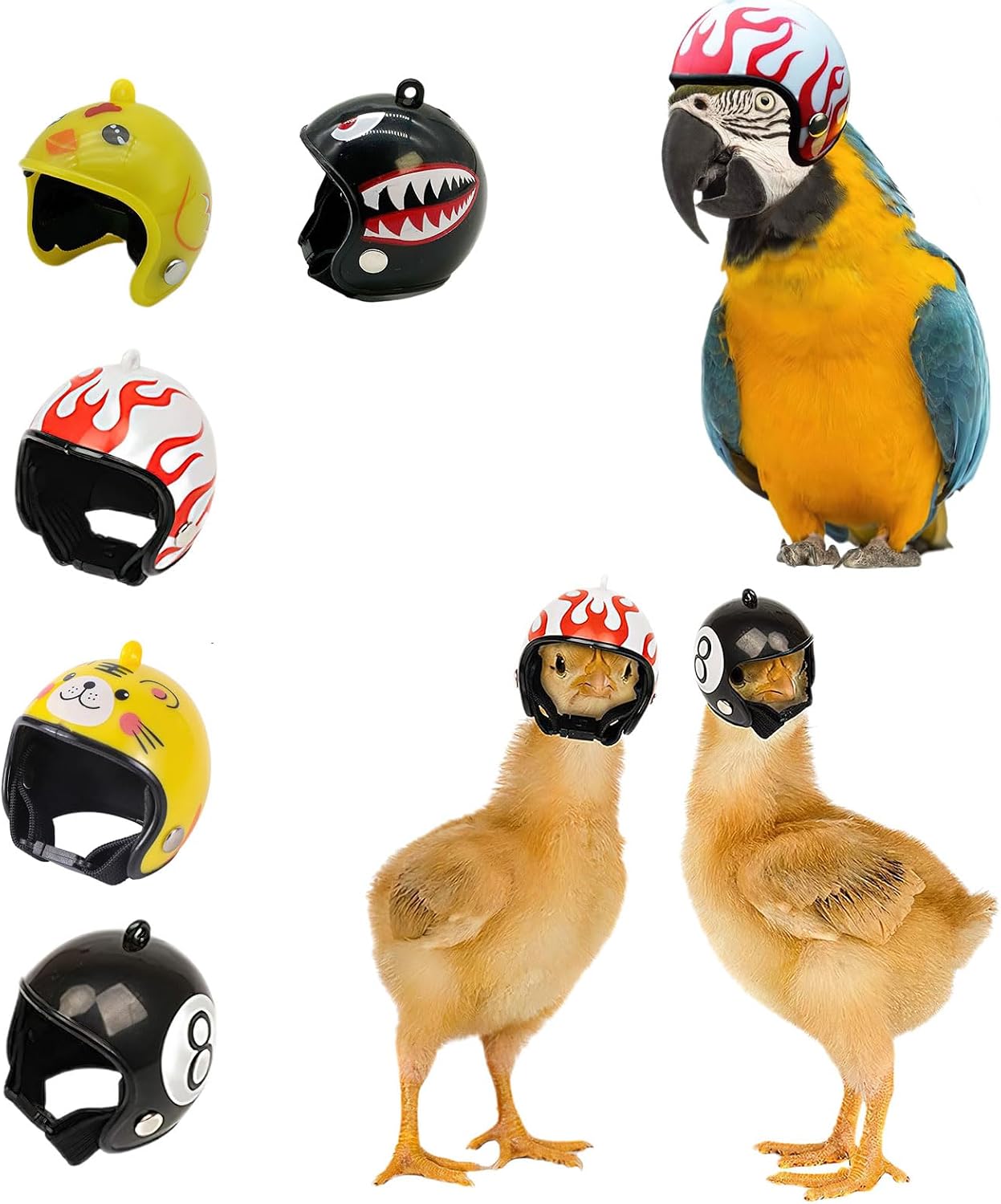 Hrnytdek mini chicken helmet front view showing adjustable elastic straps for poultry