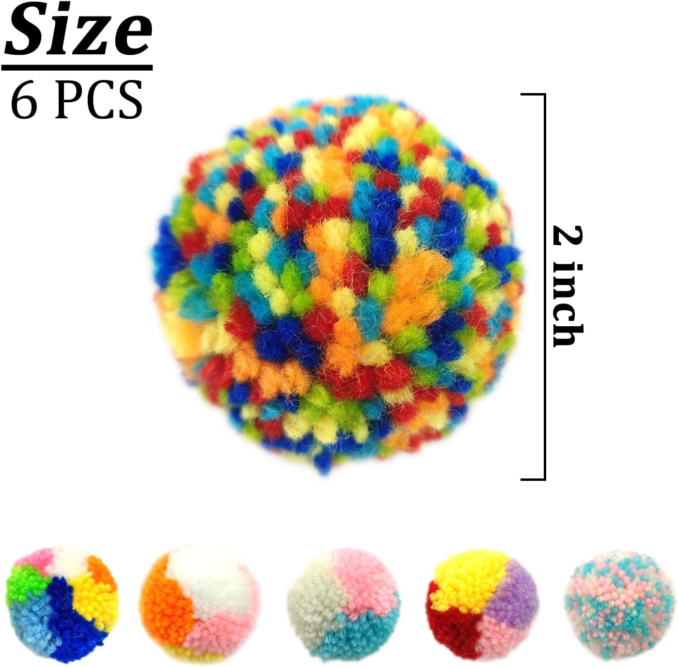 Colorful woolen yarn pom pom balls for cats spread out on a white background