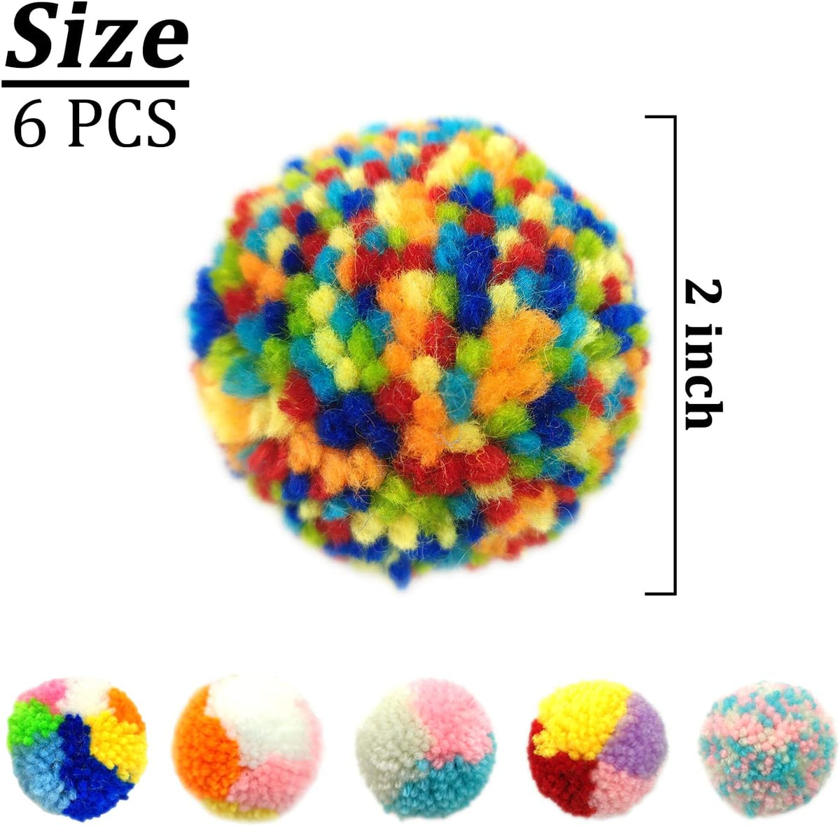 Colorful woolen yarn pom pom balls for cats spread out on a white background
