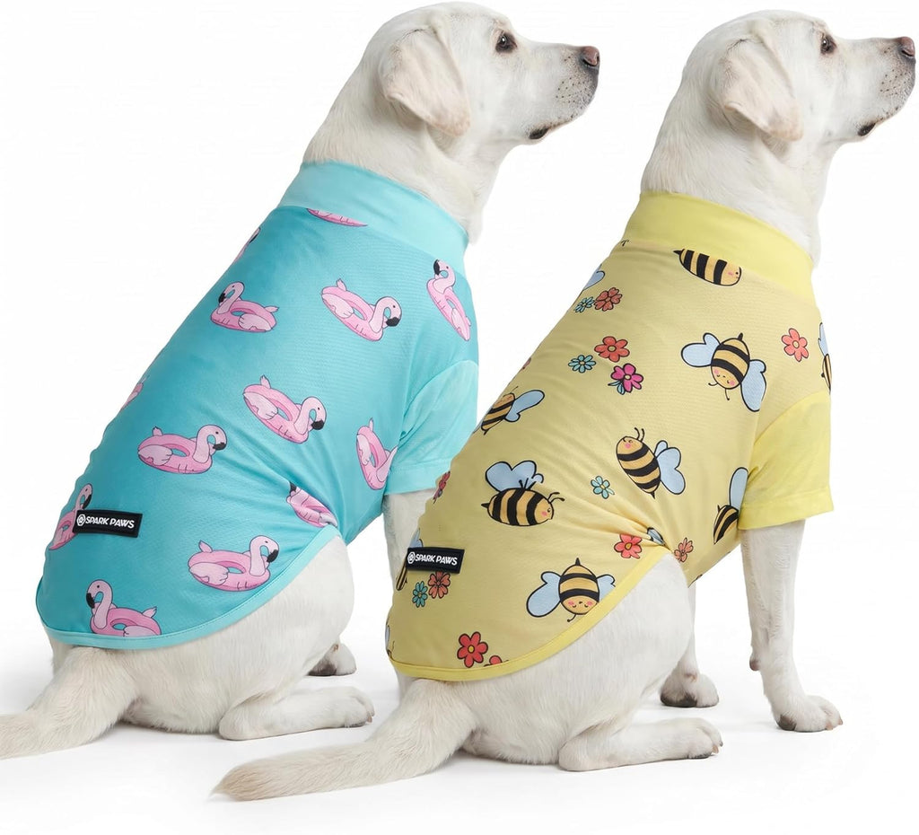 Spark Paws sunblock dog T-shirt front view with bee and flamingo pattern