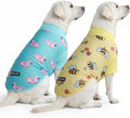 Spark Paws sunblock dog T-shirt front view with bee and flamingo pattern
