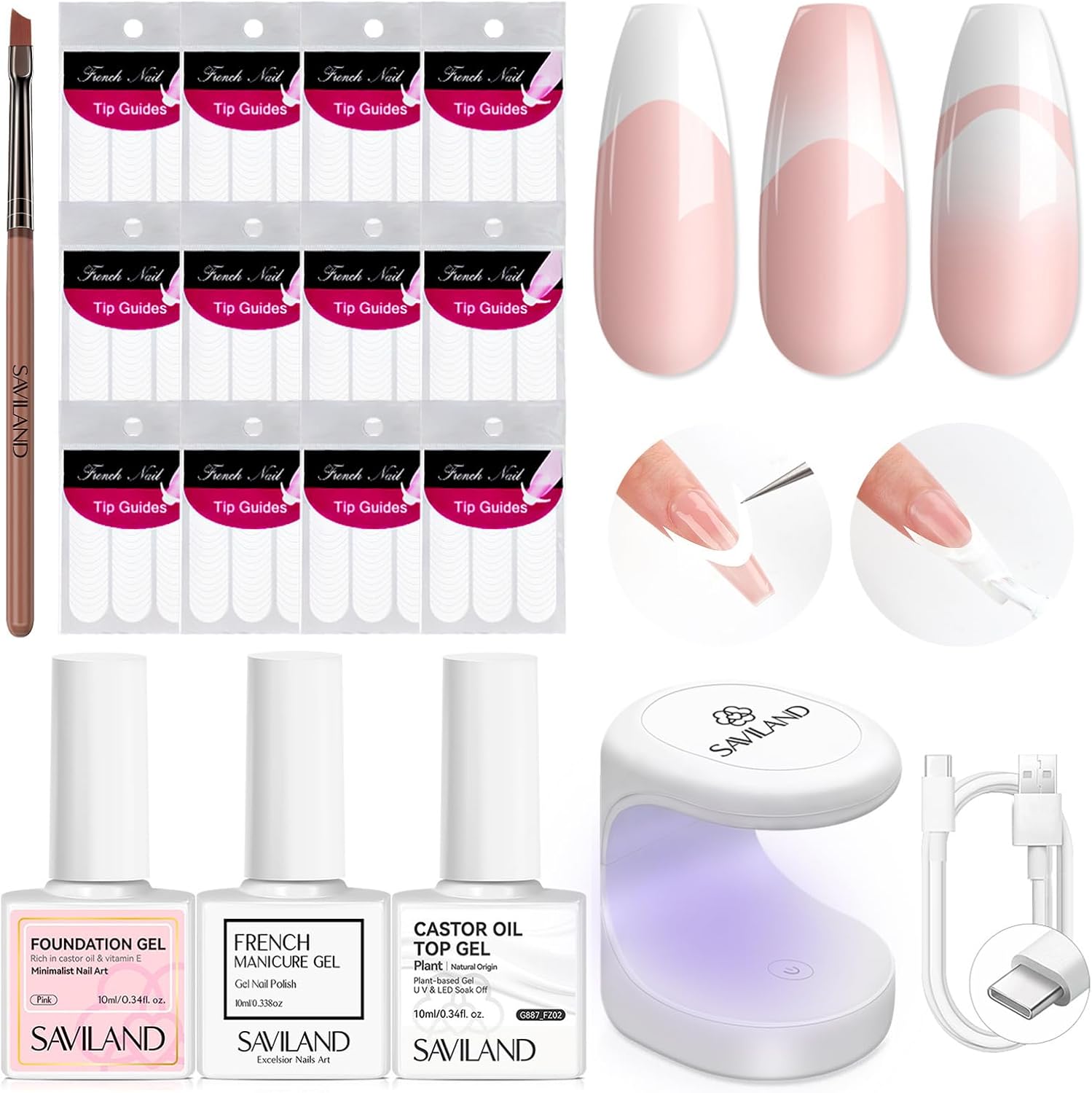 Saviland French Manicure Kit with white gel and UV lamp