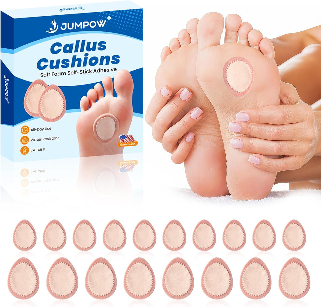 JUMPOW extra thick corn and callus cushion pads packaging front view showing 18 pieces for premium foot care.