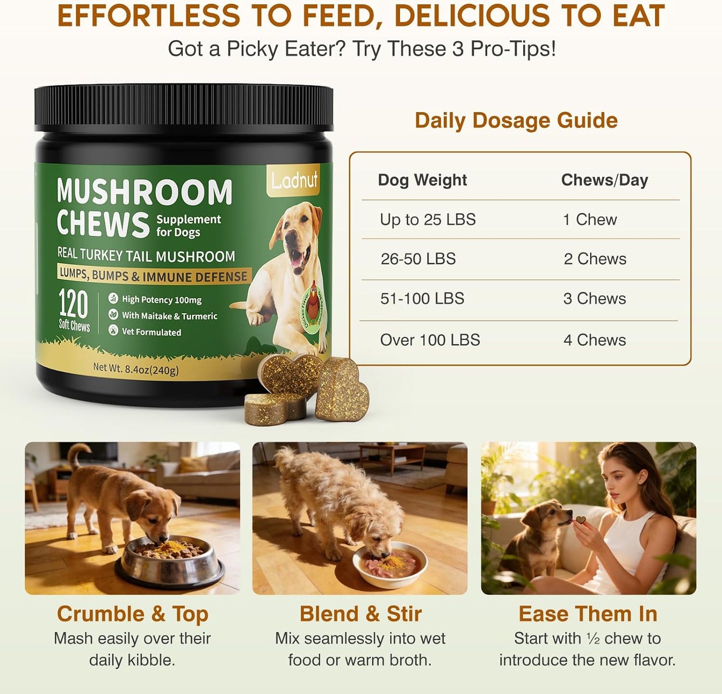 Side view of Ladnut dog supplement container detailing instructions for managing canine skin irregularities