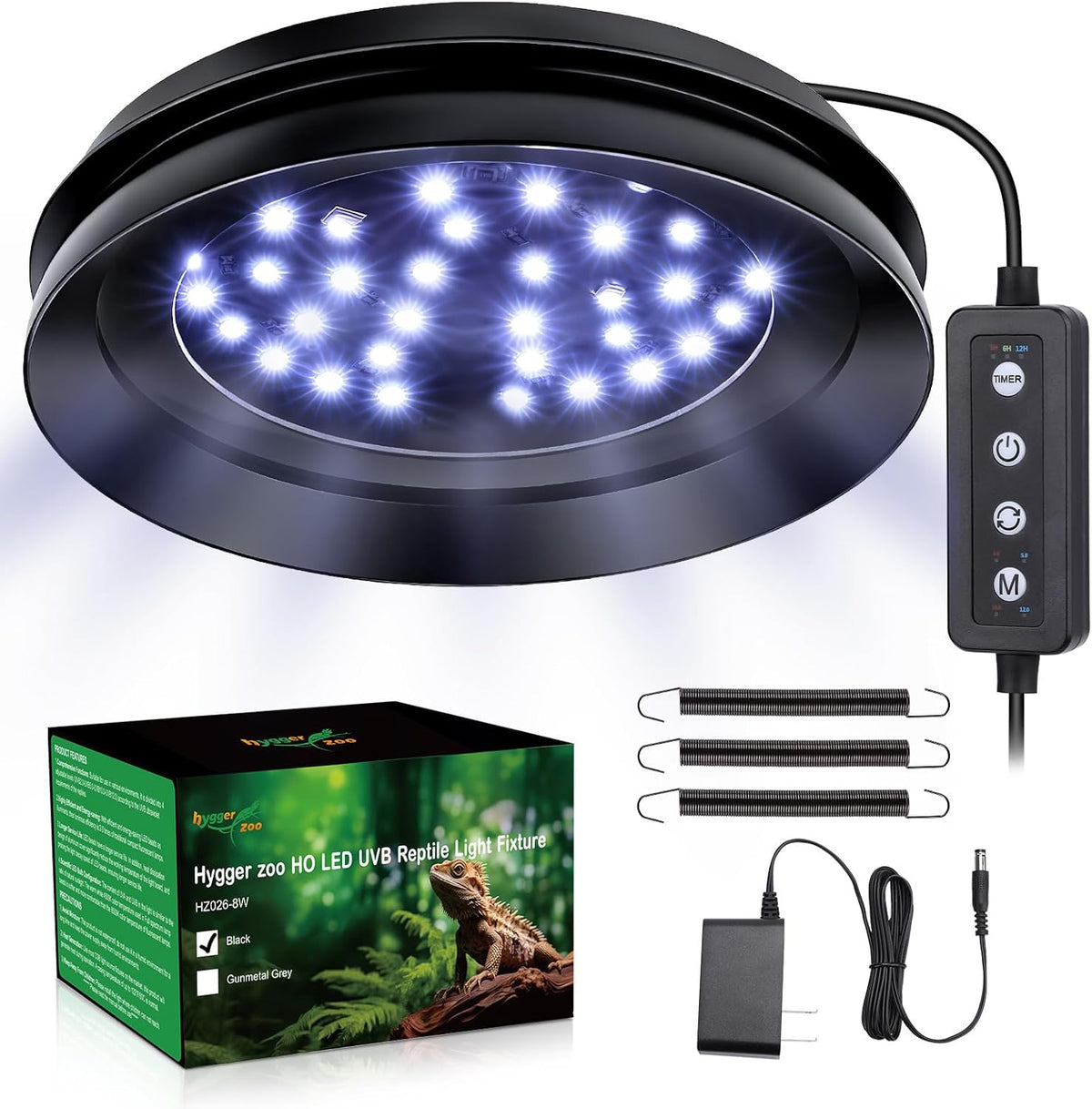 Hygger Zoo LED UVB reptile light fixture front view highlighting the sleek black housing.