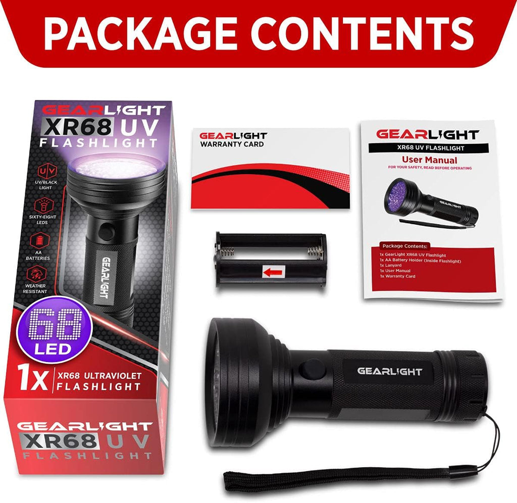 Compact GearLight XR68 black light showing the battery compartment setup