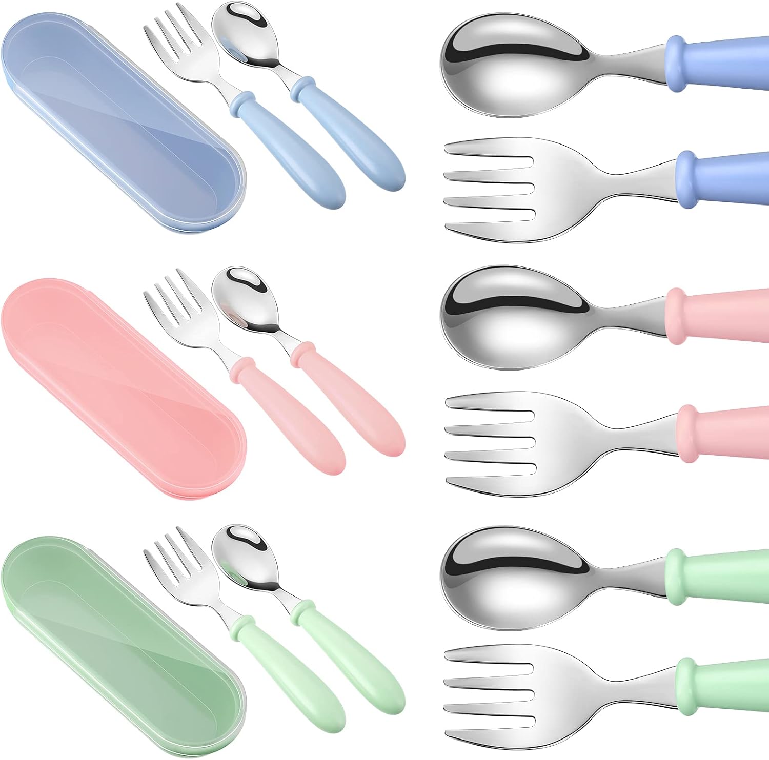 Patelai 9 piece toddler utensil set with blue green and pink handles
