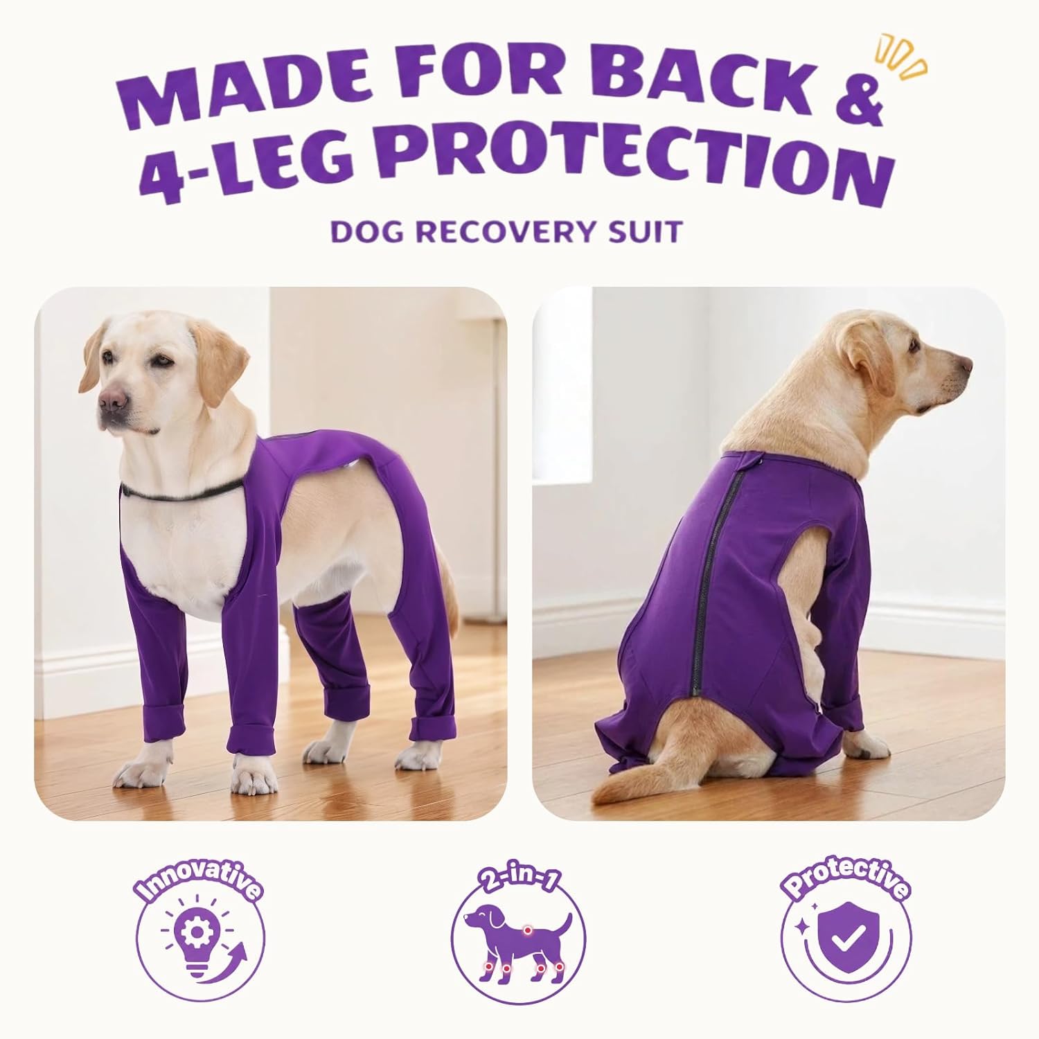T'CHAQUE dog recovery suit back view with zipper detail