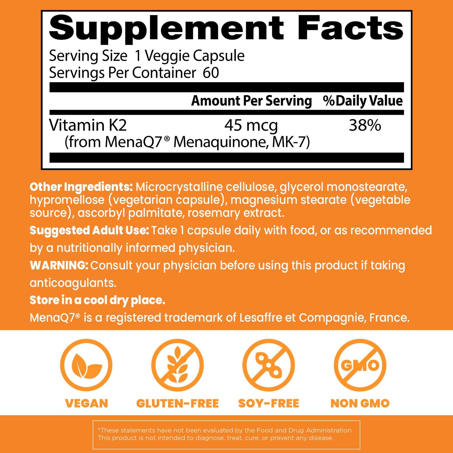 Doctor's Best Vitamin K2 MK7 supplement bottle showing vegan non GMO and gluten free certifications.