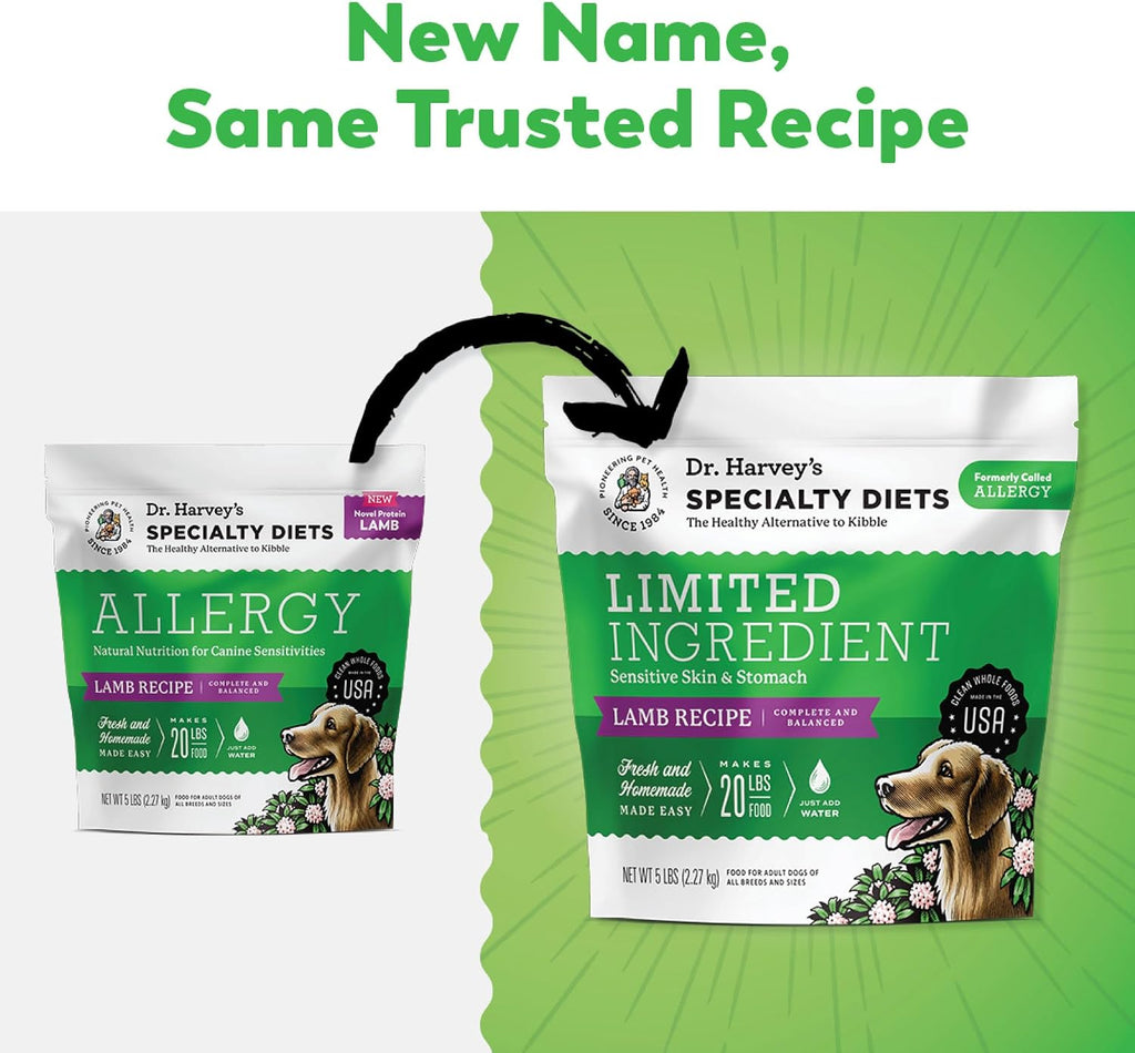 Dr. Harvey's Lamb Recipe dehydrated dog food packaging details