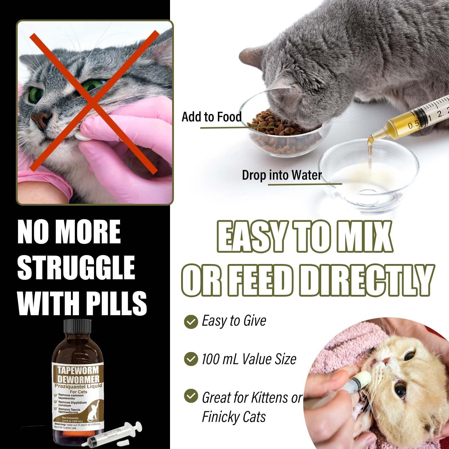 Praziquantel liquid cat dewormer packaging showing dropper cap assembly