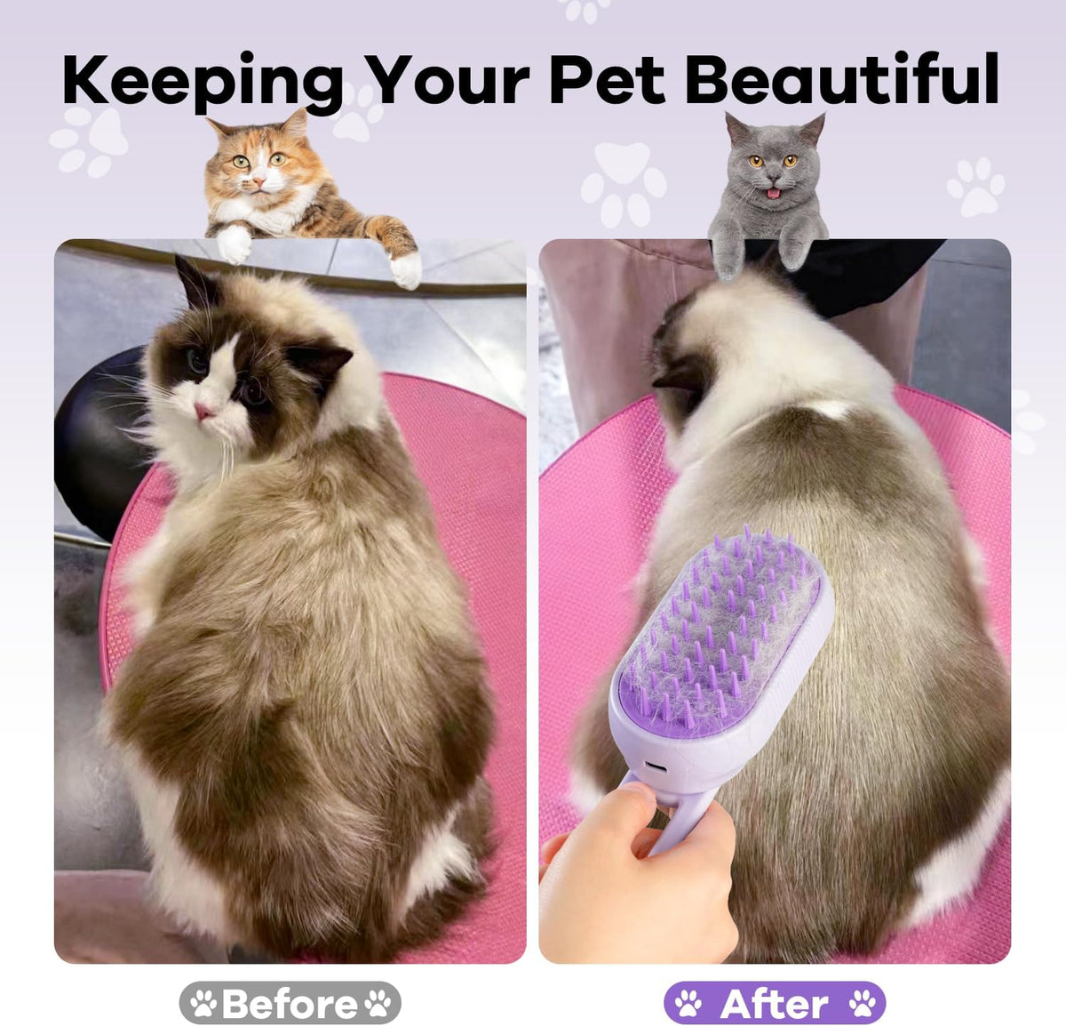 Rechargeable cat steam spray brush demonstrating the fine mist function for static control