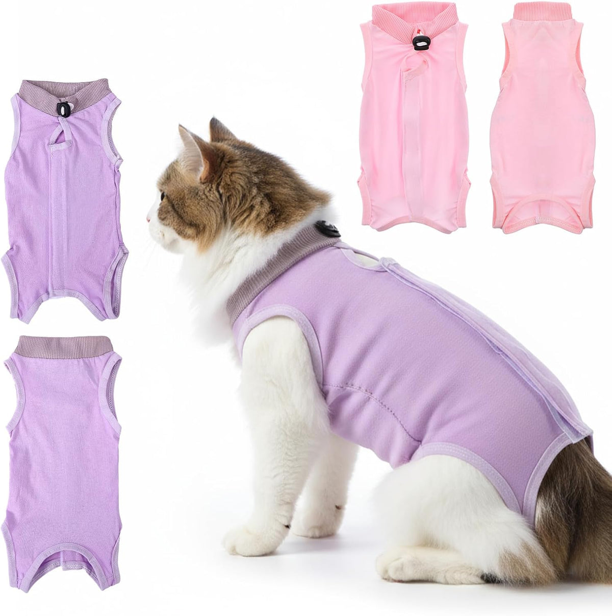 Elegaperma 2 Pcs Cat Surgical Recovery Suit front view purple and pink