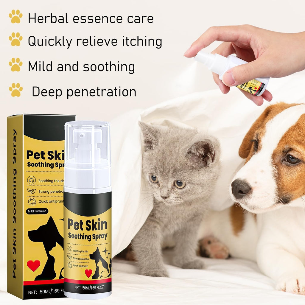 Pet skin care mist being applied to a dog with irritated dry skin.
