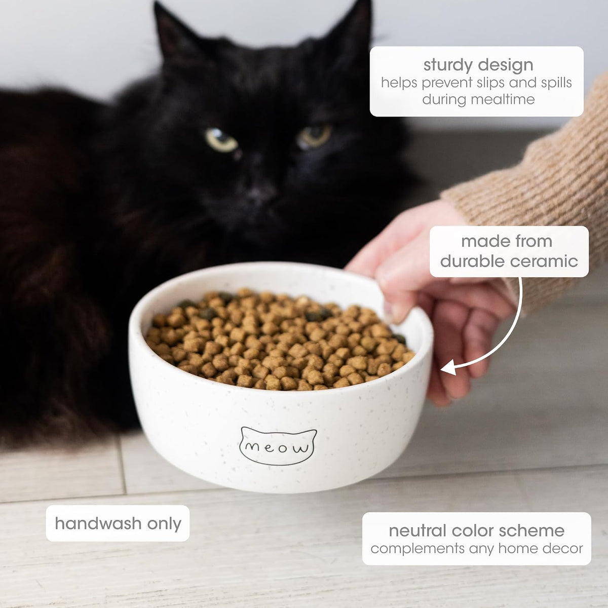 Pearhead ceramic meow cat bowl top view showing food dish design