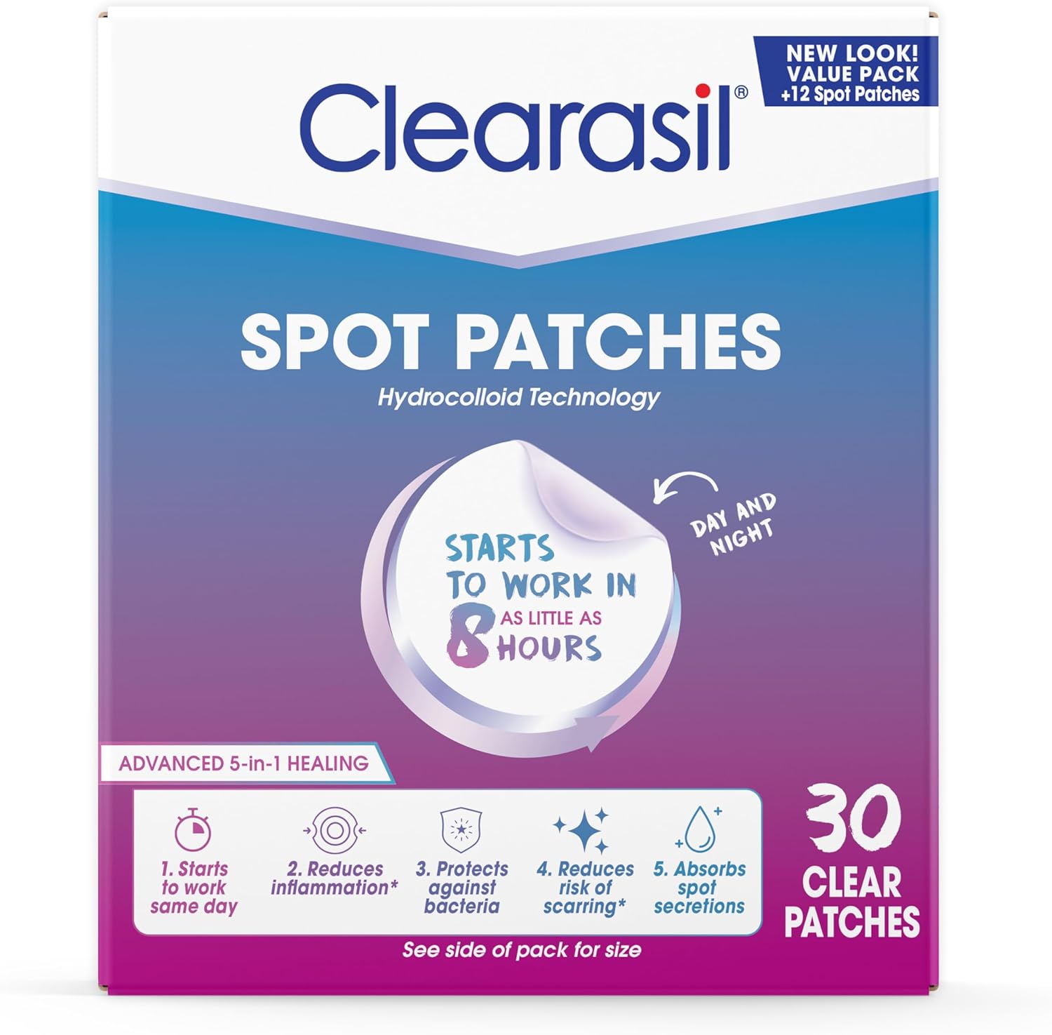 Clearasil Day and Night Acne Spot Patches front view packaging showing the 30 count hydrocolloid stickers