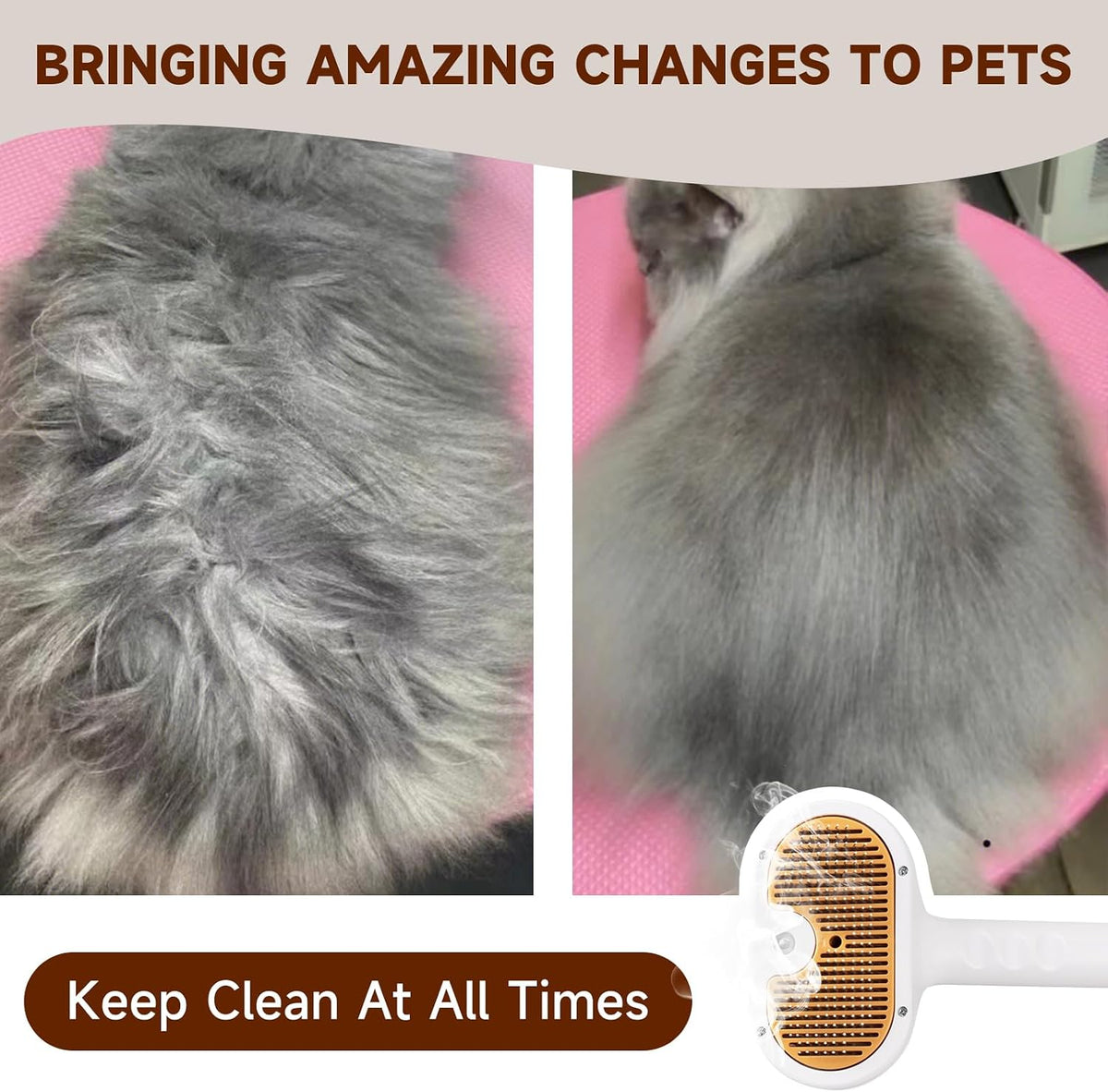 Using the VVWVVW spray comb on a small dog to soften fur and eliminate dry winter static