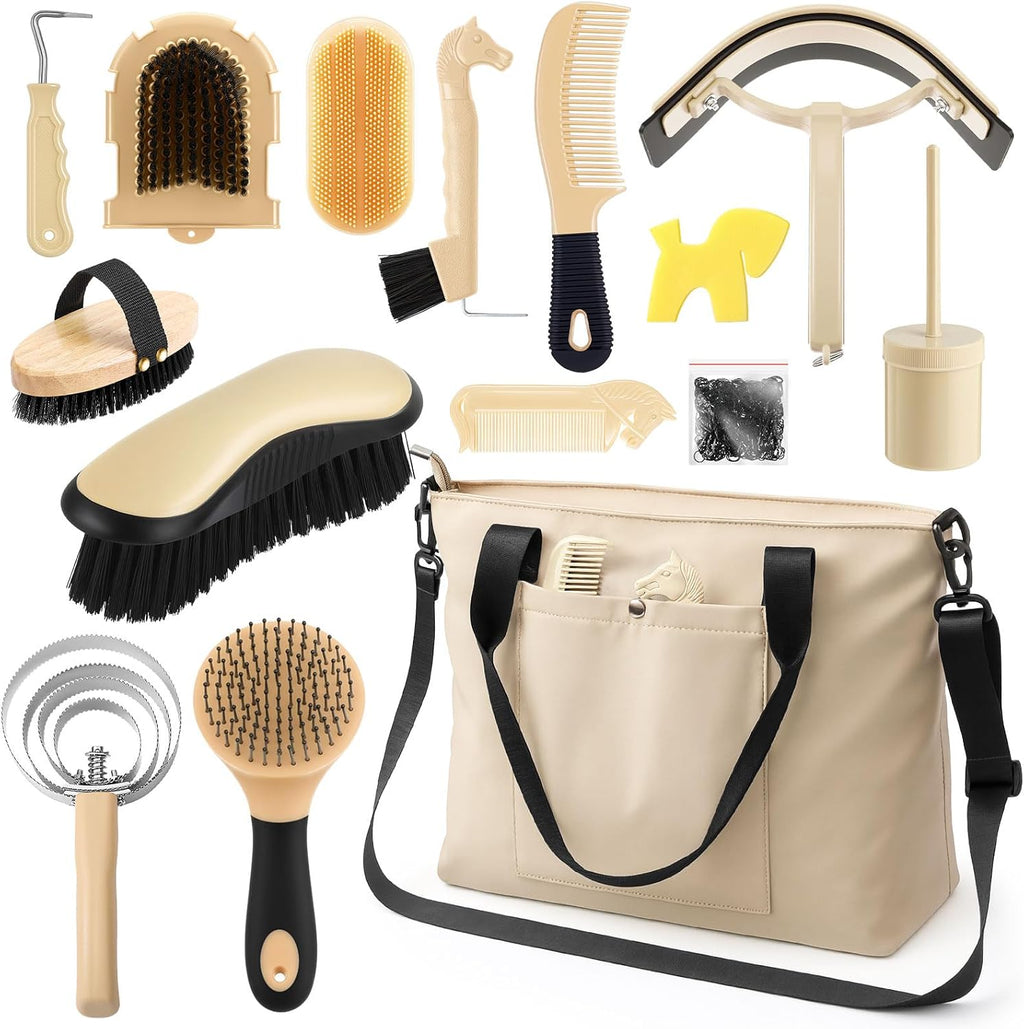 Abbylike 15 Pieces Horse Grooming Kit with beige organizer tote bag front view showcasing equine care tools.