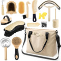 Abbylike 15 Pieces Horse Grooming Kit with beige organizer tote bag front view showcasing equine care tools.