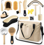 Abbylike 15 Pieces Horse Grooming Kit with beige organizer tote bag front view showcasing equine care tools.