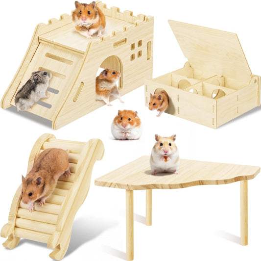 BreezeHug 4 Pcs Hamster Platform Hideout Wooden Tunnel Ladder Playhouse Hamster Game Climbing Toy with Platform Cage Accessories for Pets Dwarf Syrian Mice Degus Gerbils Squirrel(Castle) - Image 1