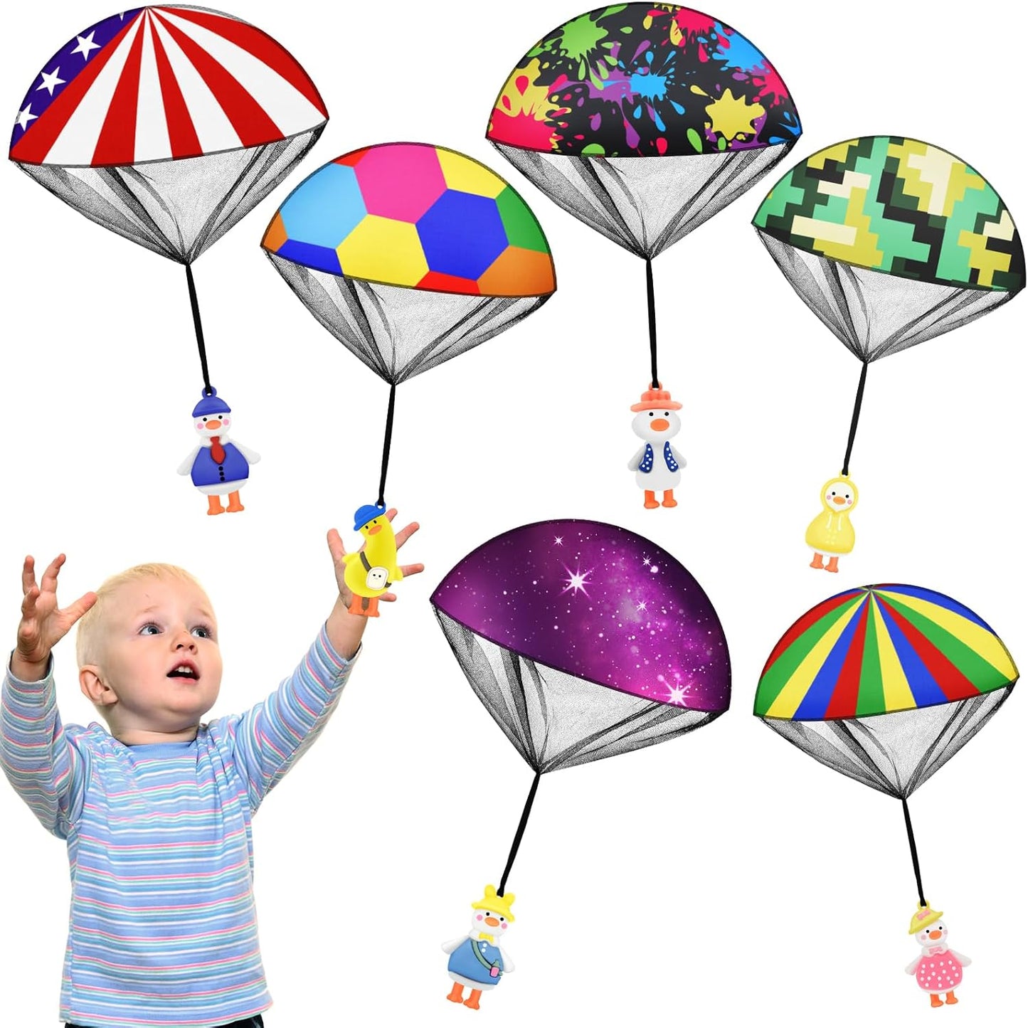 Xohny parachute toys for kids 6 pieces pack front view featuring vibrant rainbow colors