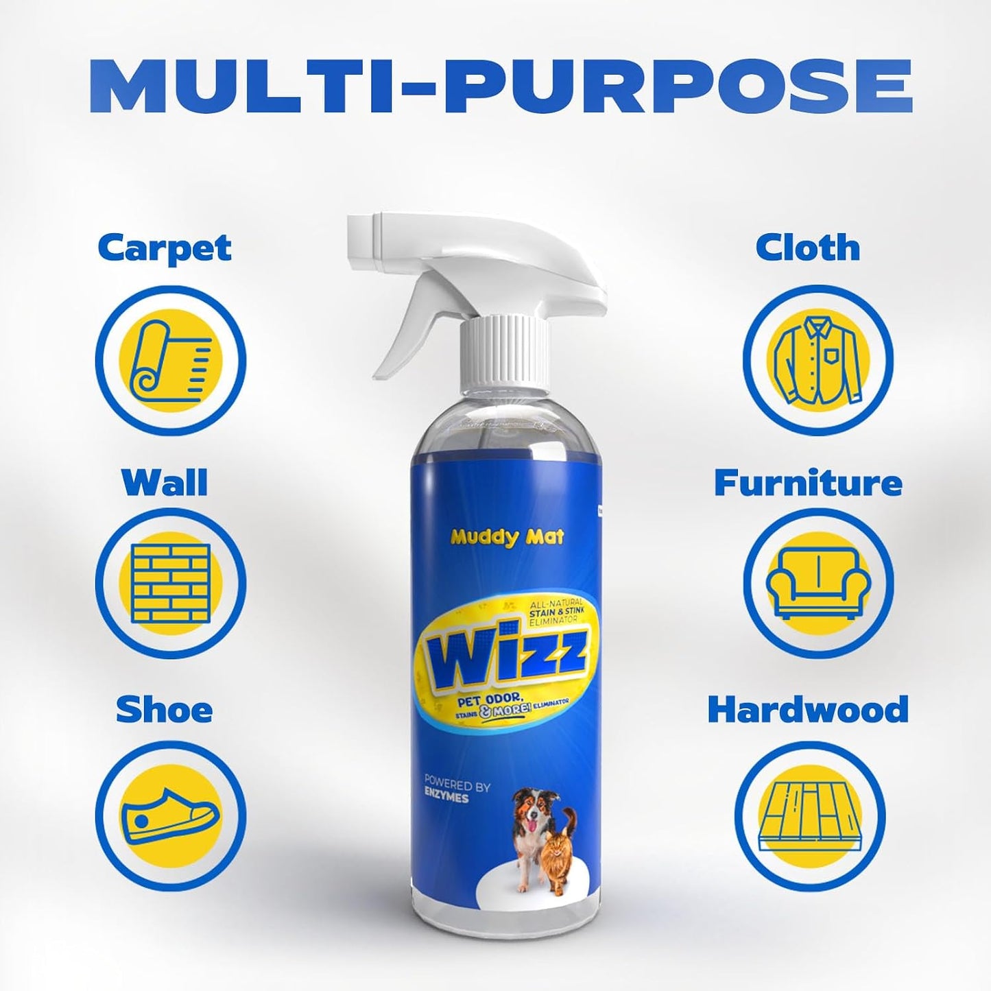 Muddy Mat Wizz enzyme cleaner for dog and cat urine stains.