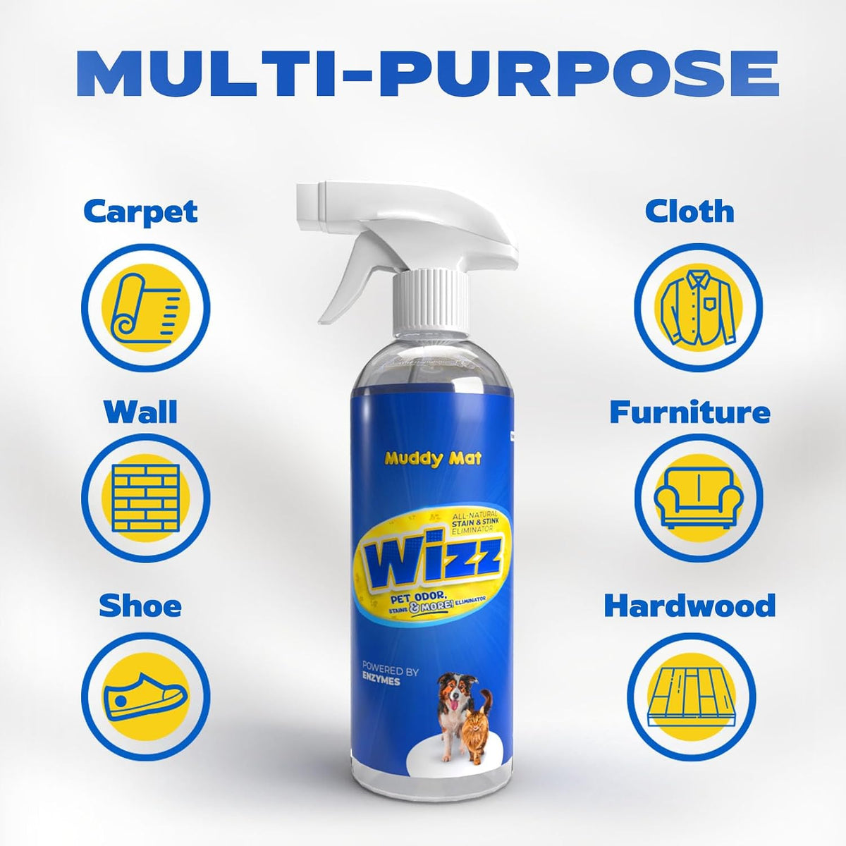 Muddy Mat Wizz enzyme cleaner for dog and cat urine stains.