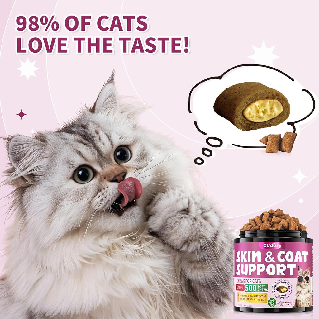 Close up view of the dual texture crunchy and creamy chicken flavored feline treats.