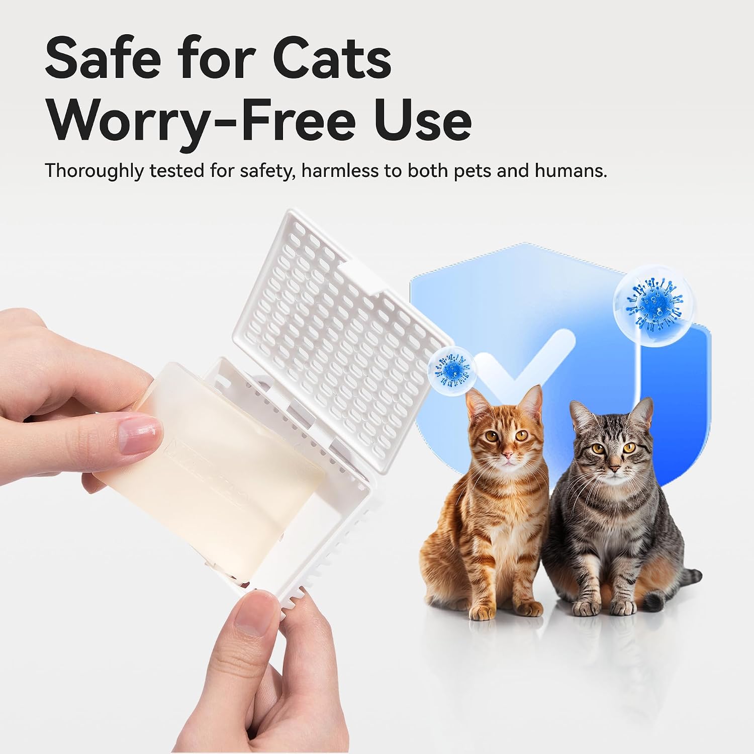 Close up of the non toxic Catlink C70 cat toilet odor eliminator cube designed to trap ammonia gases.