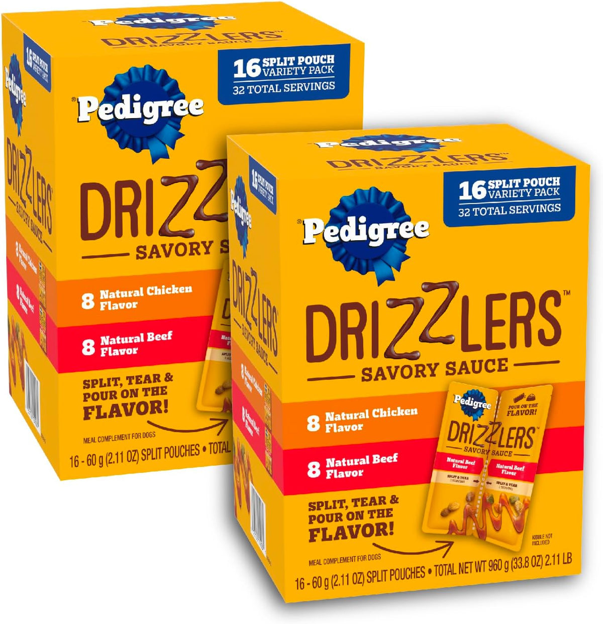 Pedigree Drizzlers wet dog food gravy savory sauce multipack front view showing chicken and beef variety flavors.
