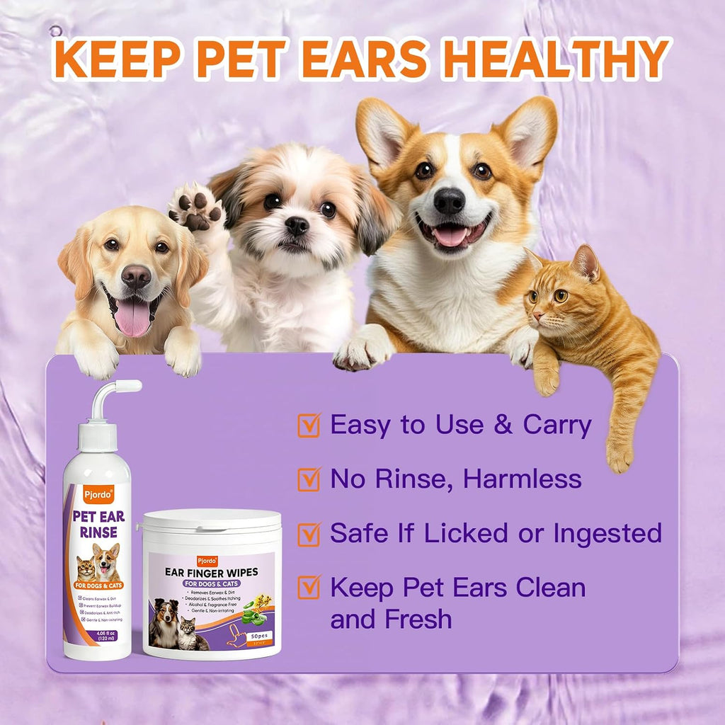 Pjordo Pet Ear Cleaner Set - Dog Ear Cleaner with Aloe Vera & Witch Hazel, Dog & Cat Ear Cleaner Solution for Soothing Ear Itching & Deodorize, Ear Wipes for Dogs & Cat Gently Removing Ear Wax & Dirt - Image 9