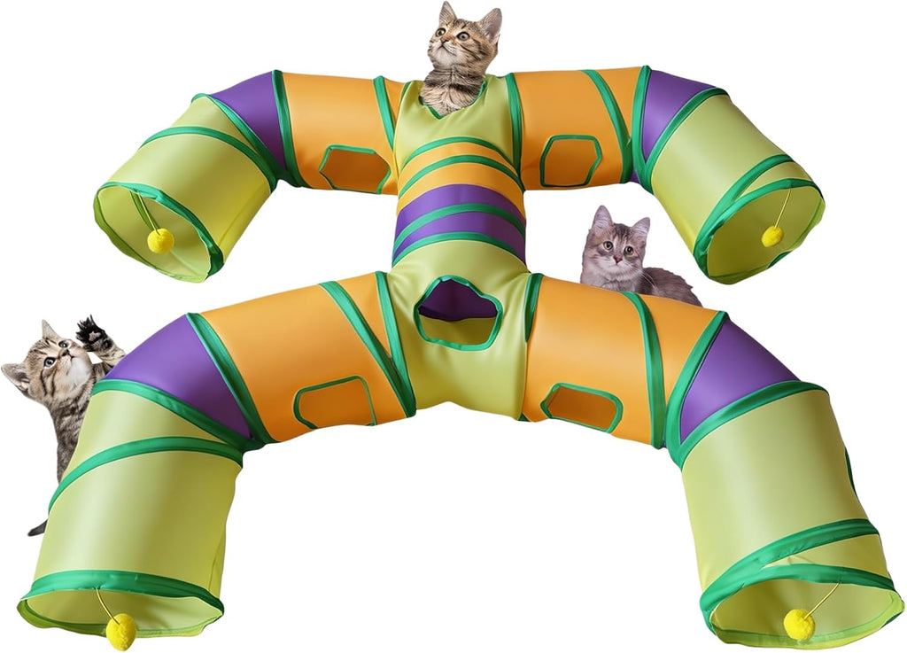 Top-down perspective of the interactive pet crinkle tunnel showing the multi-exit pathway system.
