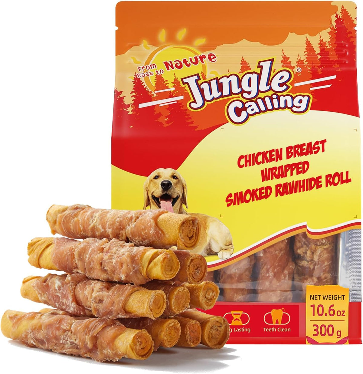 Jungle Calling dog treats smoked chicken wrapped rawhide rolls front view high protein pet chews