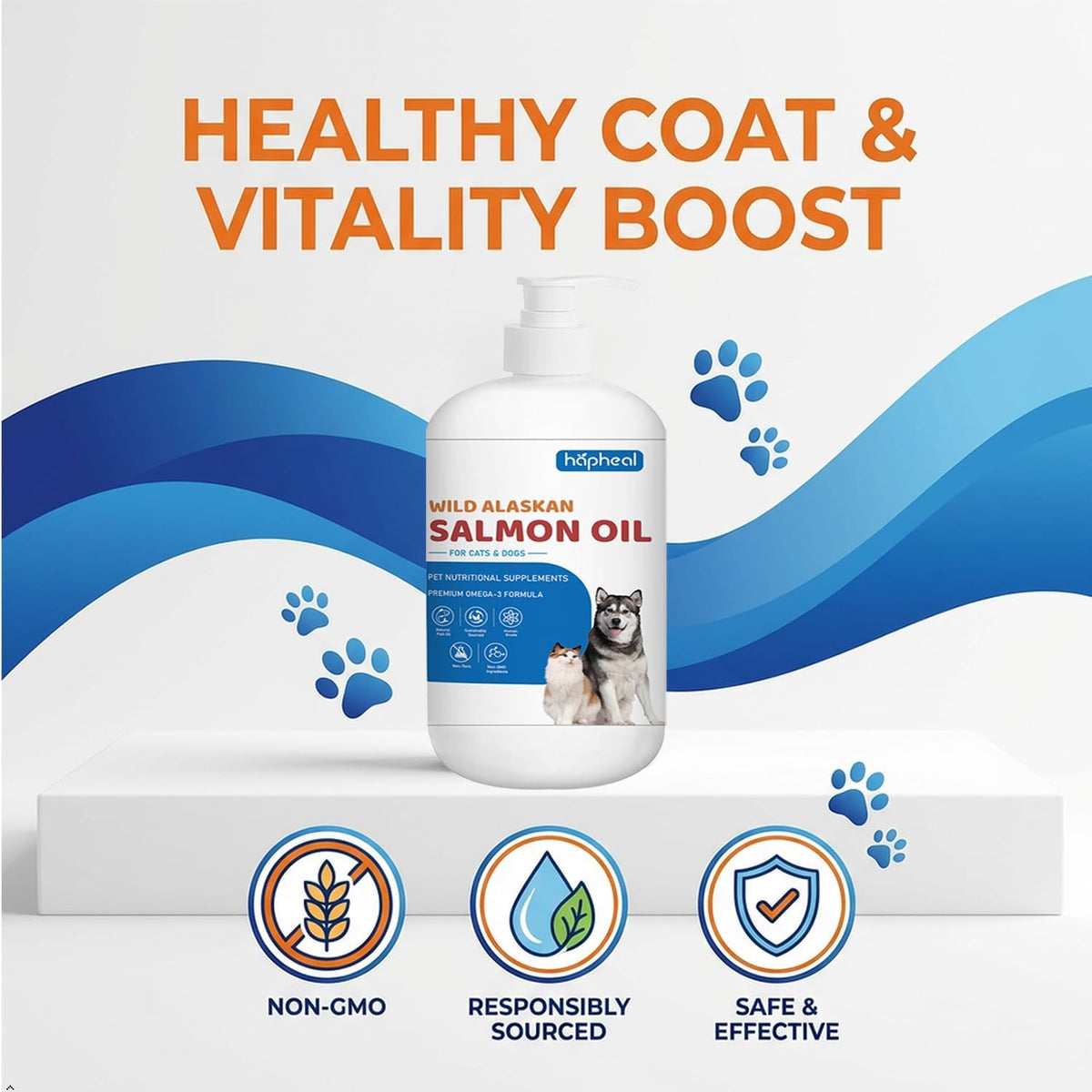 Authentic liquid fish oil supplement with pump for pet joint health and mobility support.