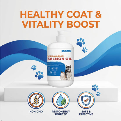 Authentic liquid fish oil supplement with pump for pet joint health and mobility support.